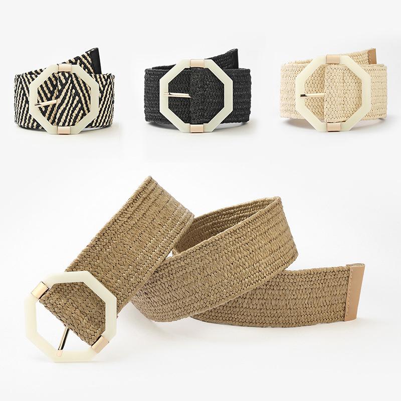 

Belts Vintage Boho Braided Waist Belt Octagonal Plastic Buckle Wide 92cm PP Straw Weave Waistband Women Elastic Strap, Black