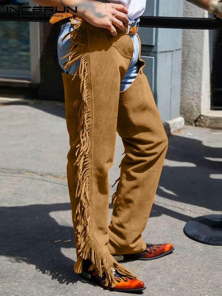 

Men' Pants Men Joggers Solid Hollow Out Tassel Casual Straight Trousers 2022 Personality Streetwear Faux Suede PantalonMen, Black