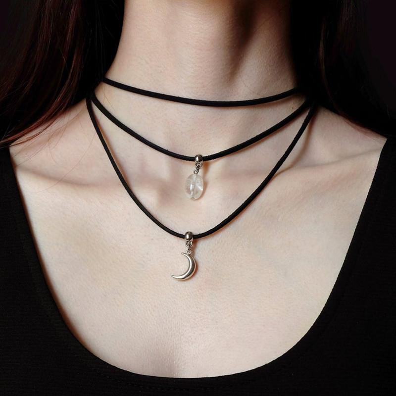 

Chains Clear Quartz Necklace Crescent Moon Charm Witch Witchy Jewelry Stone 3 StrandsChains