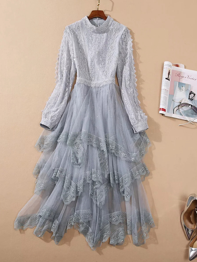

Luxury Sequined Lace Midi Asymmetrical Party Dresses for Women Elegant Runway Designer Cascading Ruffle Mesh Vestidos Evening Gown, Grey