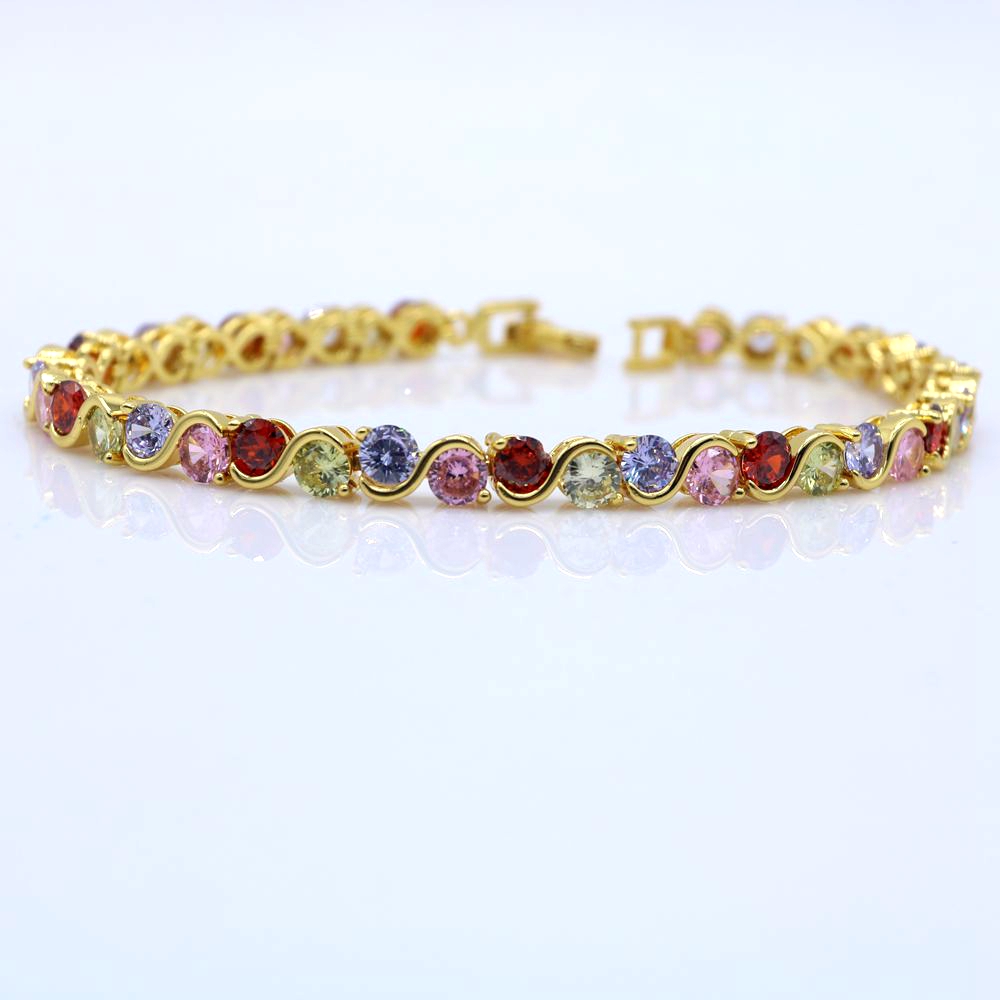 Bracelet coloré pour femmes, chaîne de poignet en or jaune 18 carats, rempli de Brillant, coupe ronde, zircone cubique multicolore, cadeau brilla