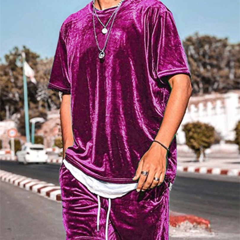 INCERUN Men Casual Sets Velour Solid Color O neck Short Sleeve T Shirt Drawstring Shorts Two Pieces Streetwear Suits 220621
