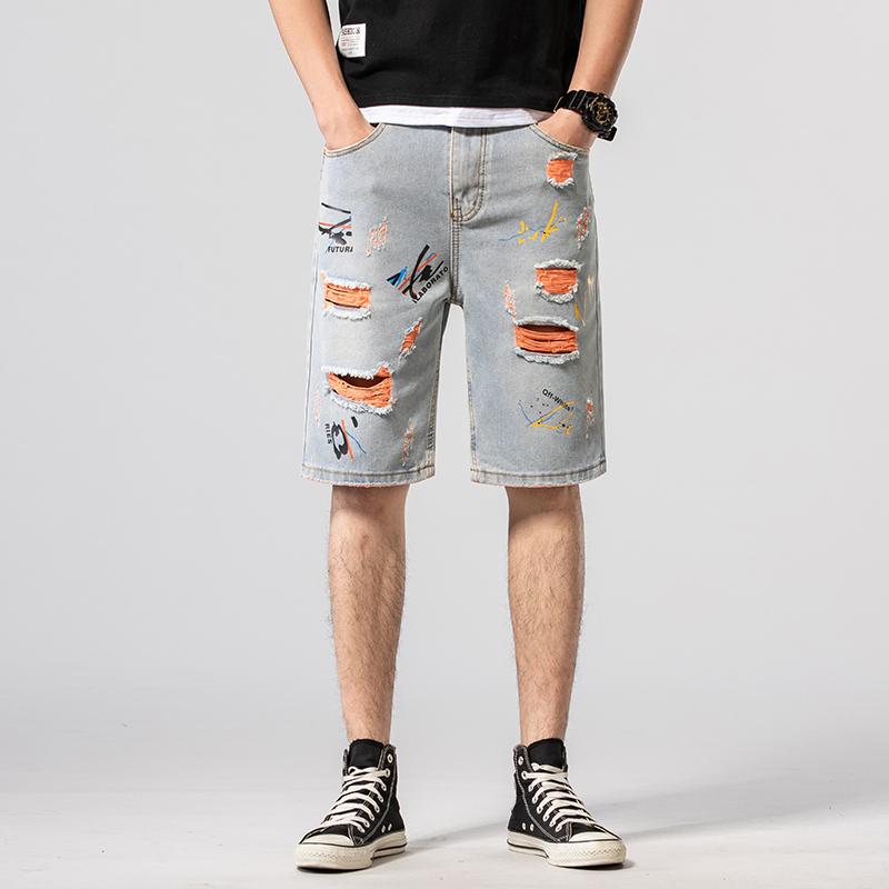 

Men's Shorts Summer Men Vintage Hole Jeans High Street Ripped Printed Loose Straight Denim Casual ShortsMen's, D21-a2