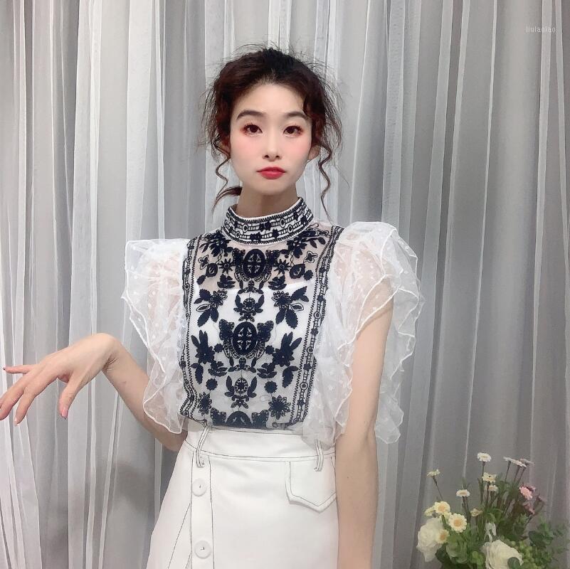 

Women's Blouses & Shirts See Through Top Sexy Shirt Clothing Japan Summer Floral Perspective Ladeis Ruffles Mesh Lace Up, Beige