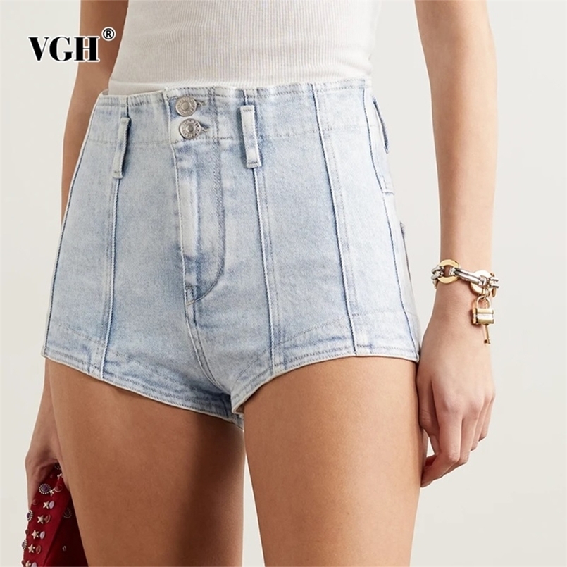 

VGH Vintage Blue Denim Short For Women Patchwork Button Minimalist Korean Straight Shorts Female Summer Fashion Clothes 220427