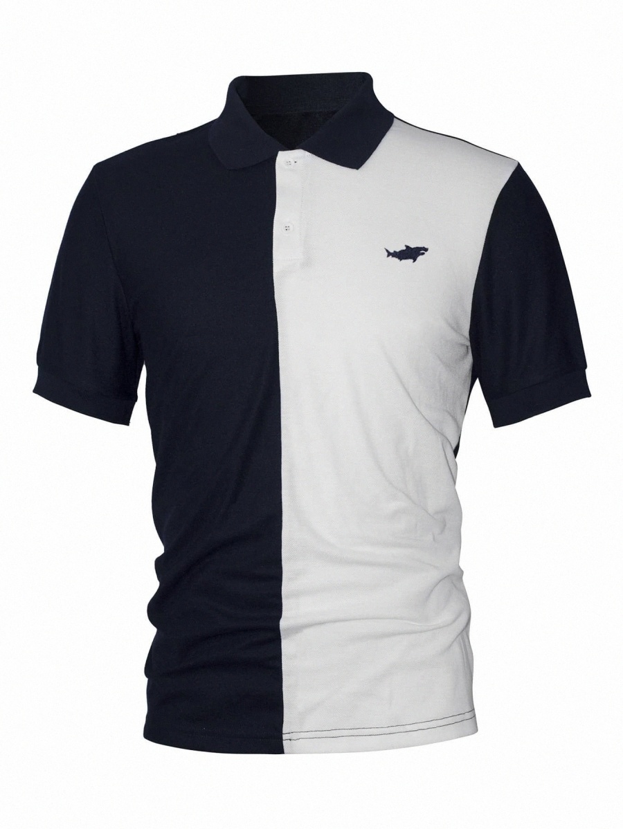 men Shark Print Two Tone Polo Shirt R3wi#-image-757182977