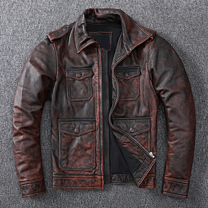 

Men's Leather Faux Leather Vintage Brown Genuine Leather Jacket 220823, Black