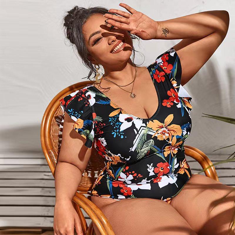 

Women's Swimwear Bikini Ruffles One Piece Swimsuit Women Sexy Deep V-Neck Floral Print Beachwear TankiniWomen's, Black