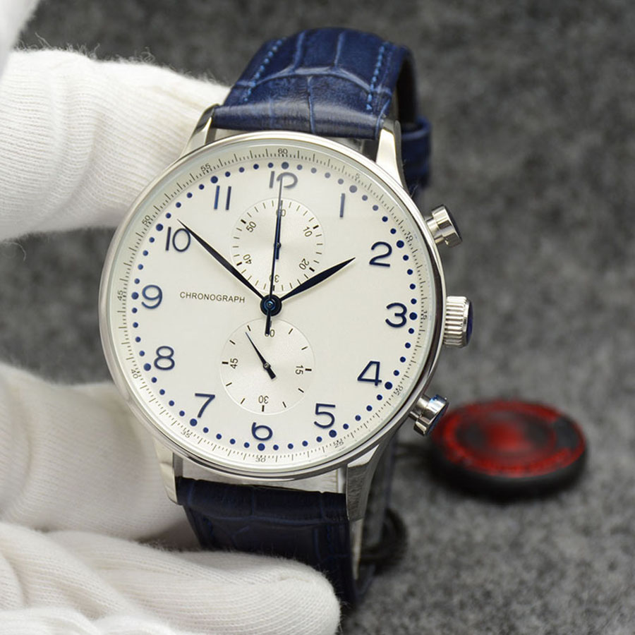 

New Watch Chronograph Sports Battery Power Limited Watch Silver Dial Quartz Professional Wristwatch Folding clasp Men Watches Blue Leather Strap