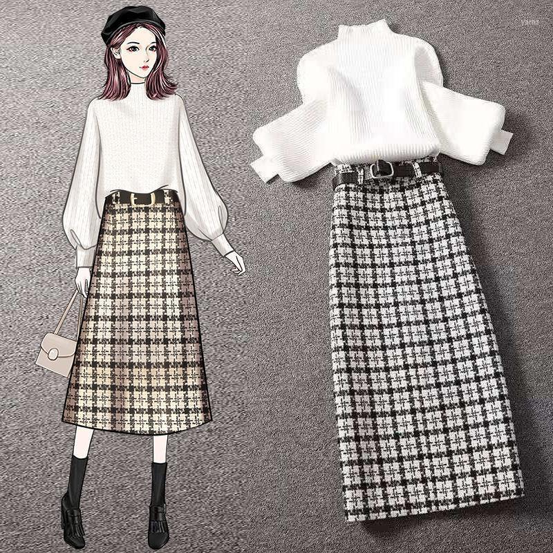 

Women 2022 Autumn Winter Knitted Sweater Suit Fashion Female Temperament Plaid Skirt Two Piece Set Lady Slim Sets Suits C432 Women' Tracksu, White