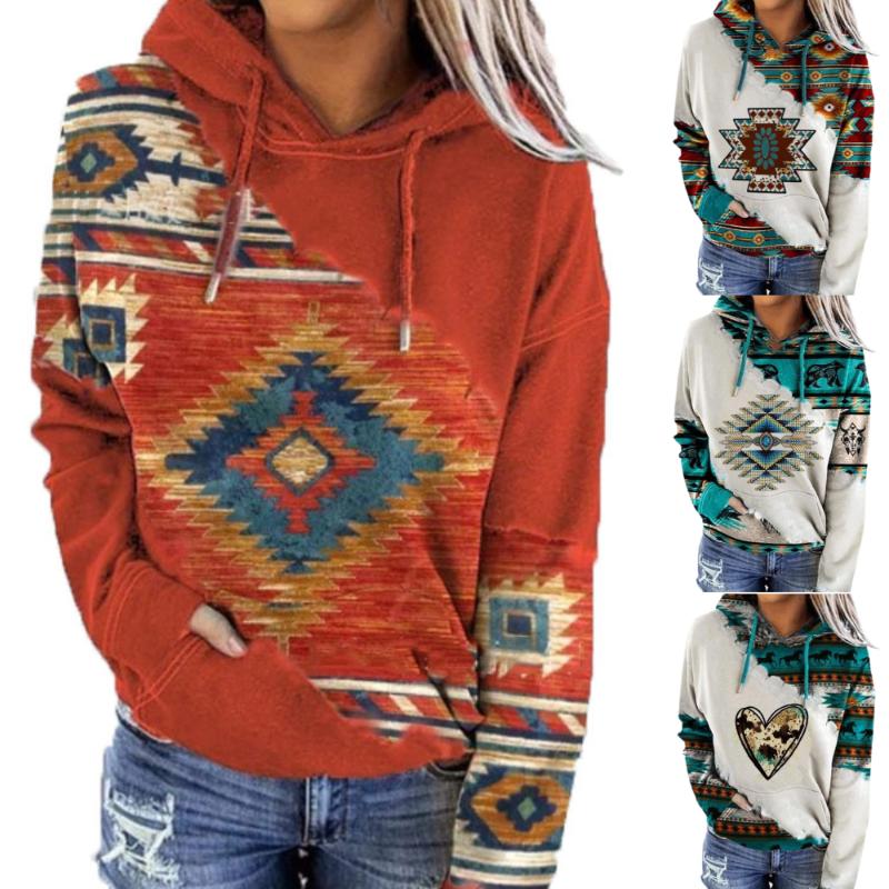 

Women's Hoodies & Sweatshirts Samdolly Vintage Printed Swatshirts Women Boho Patchwork Drawstring Hooded Distinctive Stylish Pullover Long S, Red