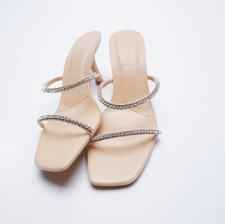 

sandals woman summe Women's shoes Black nude square head Rhinestone accessories High-heeled sandals