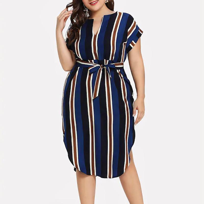 

Plus Size Dresses 5xl Dress Striped Shirt Women V-neck Irregular Short Sleeve Large Office Lady Stripe A20, Multi