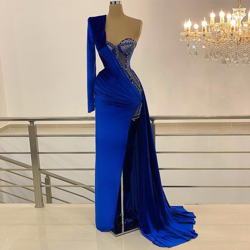 

Party Dresses Dark Royal Blue Evening Dress Velvet One Shoulder Long Sleeve Sexy Gown Crystal Diamond Side Slit Mermaid Formal DressesParty, Black