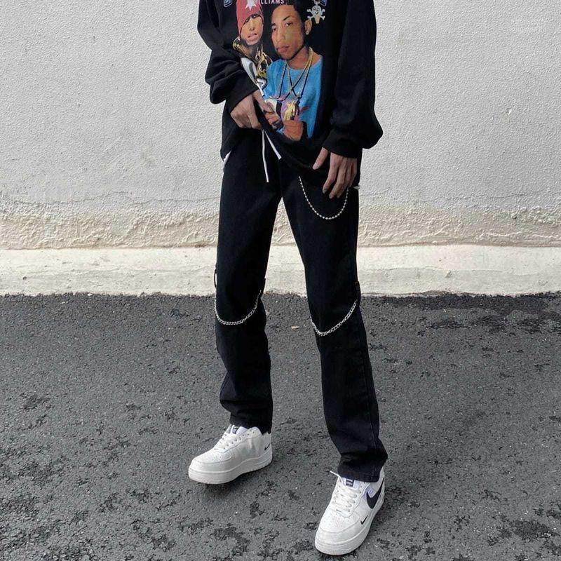 

Men' Jeans Aesthetic Men Black Chain Trousers 2022autumn American High Street Hip Hop Style Vintage Straight Loose Trend Heat22
