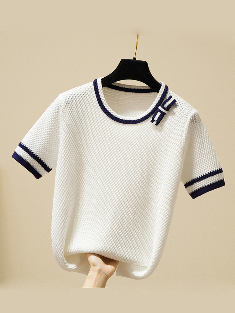 

Thin White Knitted T Shirt Women Bow Patchwork Short Sleeve T-Shirts Korean Fashion Woman Clothes Summer Tops Tshirt Camisetas