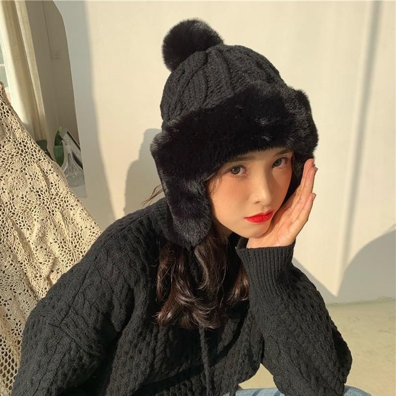 

Berets Fxfurs Lady Winter Lei Feng Hat Wool Korean Version Of A Cute Plus Ball Ear Protection Northeast KnittingBerets, White