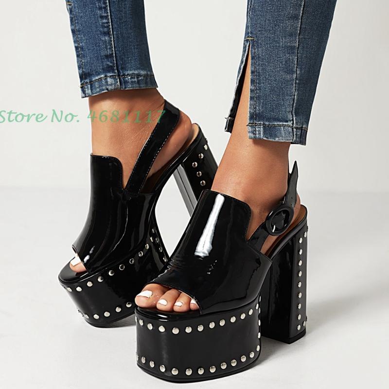

Sandals Rivet Platform Peep Toe Heels Women Buckle Strap Super High Chunky Bare Heel Casaul Summer Design, Black