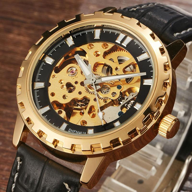 

Wristwatches Luxury SHENHUA Brand Unique Mens Automatic Mechanical Watches Skeleton Gear Dial Real Leather Band For Males Gifts, S011