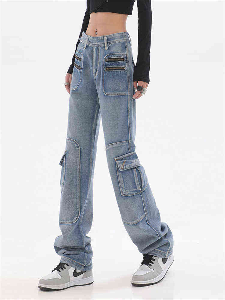 

Trousers Streetwear Y2K Low Waist Wide Leg Jeans Pockets Cargo Pants Women Aesthetic Denim Harajuku Mom Boyfriend Straight Jean T220728, Blue