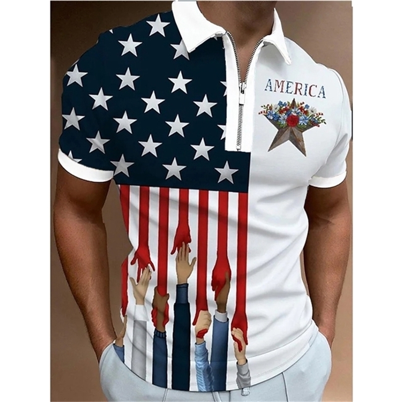 

Summer Men s Clothing Polo Shirts Streetwear Flag Print Casual Short Sleeve Tee Shirt Men Turn Down Collar Zipper Prom Tops 220614, Llp277