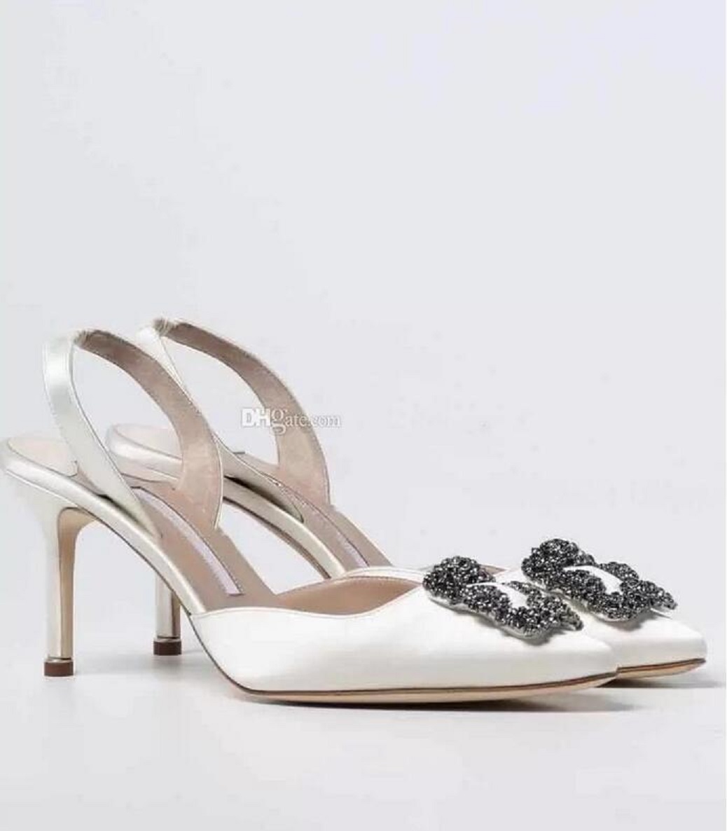 

Summery Hangisi bride Jewel Buckle Slingback Pumps Sandals designer brand pumps dress shoes Ivory Satin Pearl Buckle lady's wedding party gift