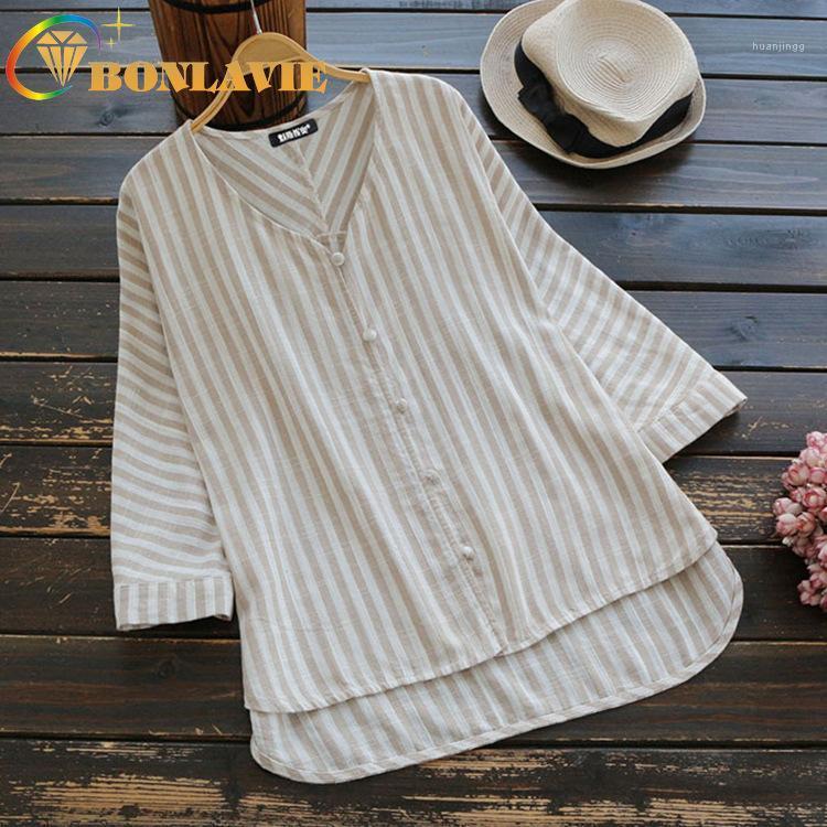 

Spring And Autumn Women' Fashion Blouse V-collar Long-sleeved Striped Shirt Loose Type Wear Brown Women Tops Blouses & Shirts, Black