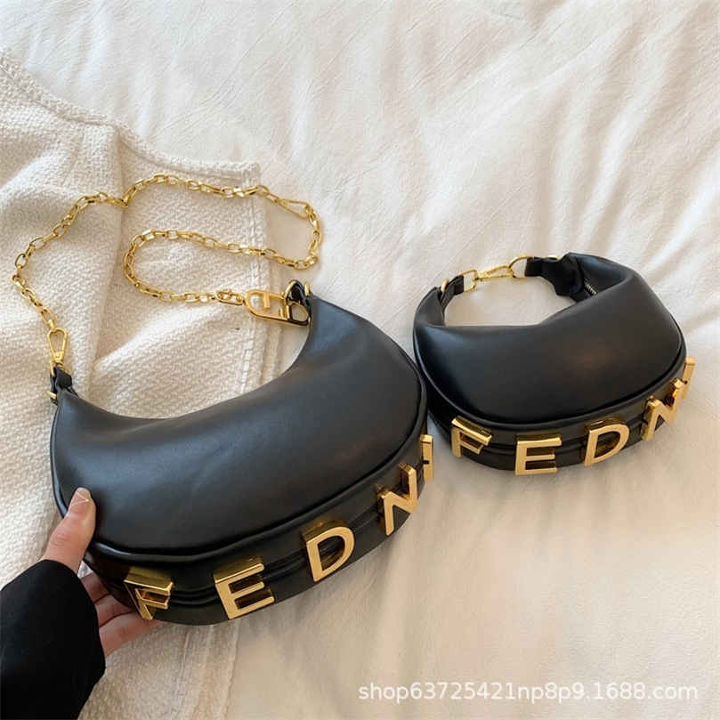 

Factory Online Sales New women's messenger high sense metal letters personalized fashion chain solid color soft leather crescent bag tide, Black trumpet