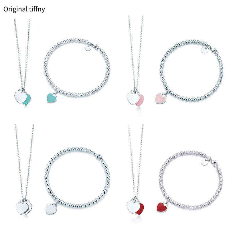 

Original Tiffny Valentines Gift New 925 Sterling Silver Fashion Classic DIY Love Necklace Bracelet Set Multicolor Optional Woman Jewelry Y0329