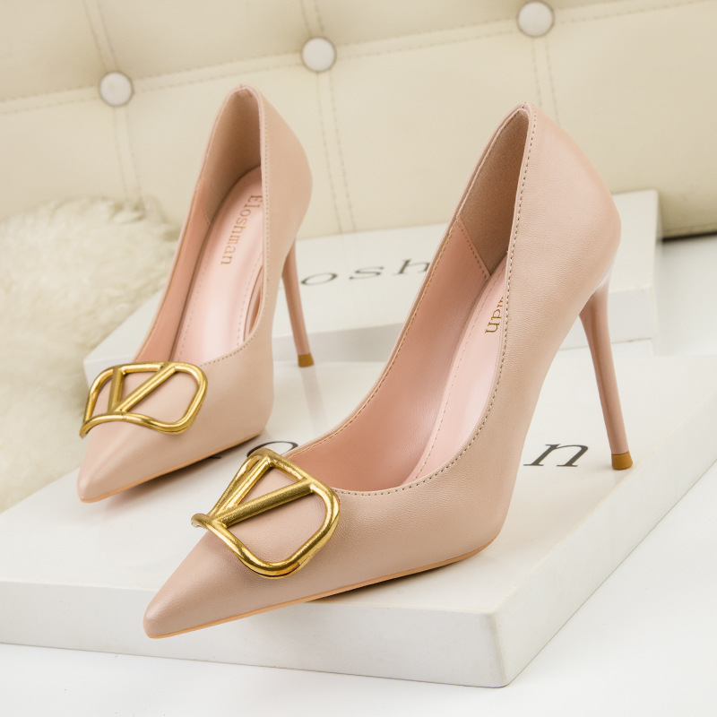 

Fashion Women Shoes Dressy High Heels Pointed Metal Wide Feet Shoes Sexy Pumps Stiletto Professional Prom Heels Pink Ivory Black style 323-3