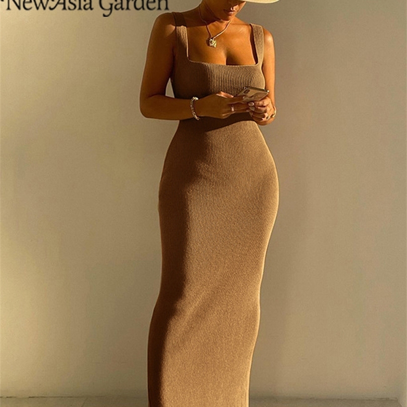 

Asia Ribbed Knit Dress Hollow out Split Square Neck Bodycon Elastic Summer Maxi Dress Women Sexy Party Elegant Tank Dresses 220516, Black