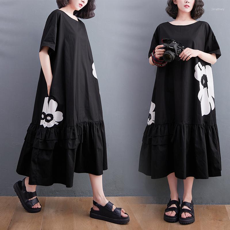 

Plus Size Dresses BIG Summer Women Fashion Elegant Solid Color Flower Tops Ladies Female Large Short Sleeve Long Casual Loose Dress Jona22, Black