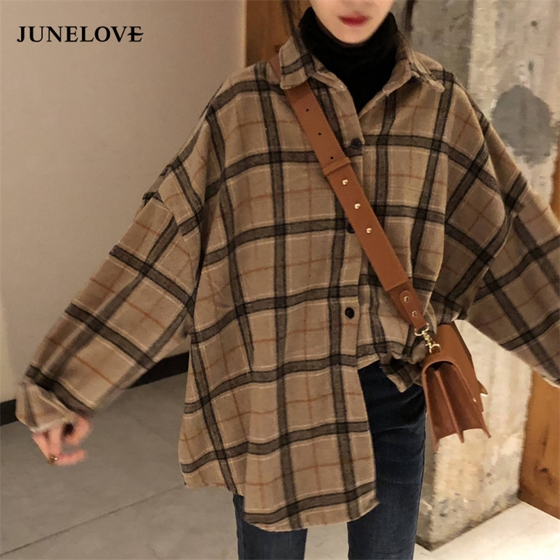 

JuneLove Female Autumn Street Blouse Shirts Vintage Oversized Plaid Flannel Boyfriend Tunic Shirt for Women Casual Korean Tops 220407, 1-blue