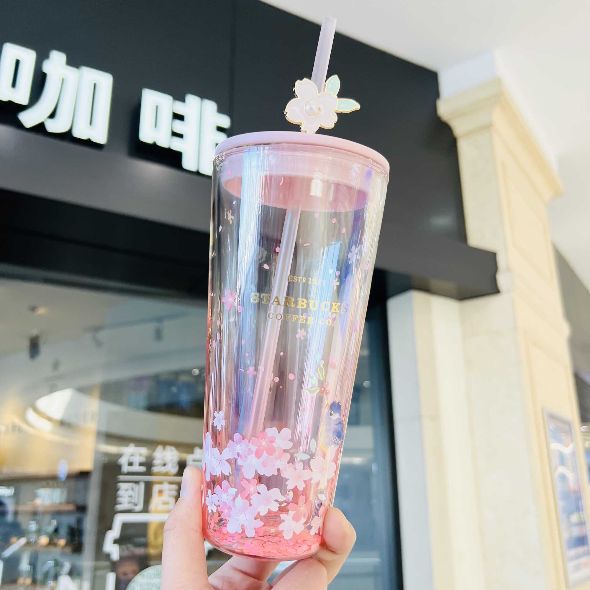Starbucks Cherry Blossom cup 2022 spring bird singing and flower fragrance double-layer high-capacity insulated glass straw drinking cup-image-760086892