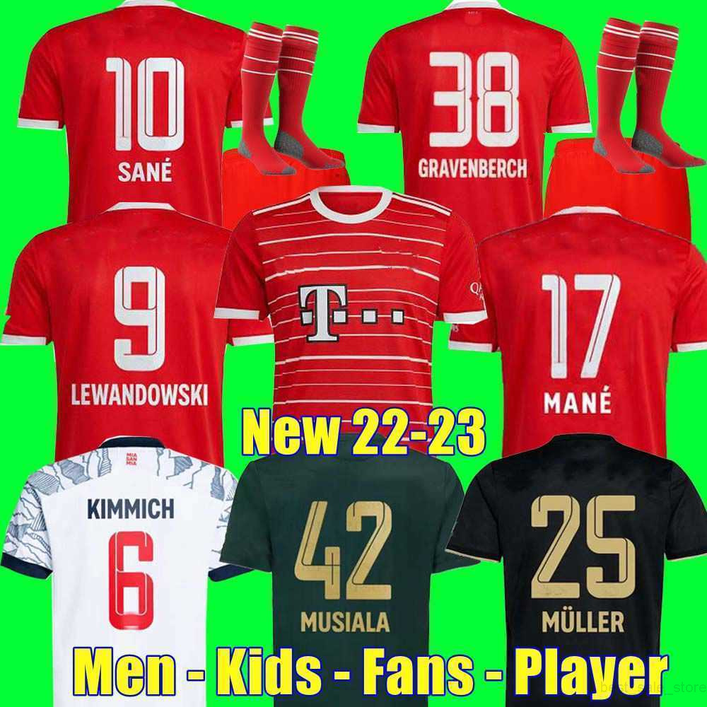 Joueur de fans Jersey 22 23 Lewandowski Sane Kimmich Muller Davies Tironde de football Men Kid Set Kit 2022 2023 Uniforme Musiala Bayern