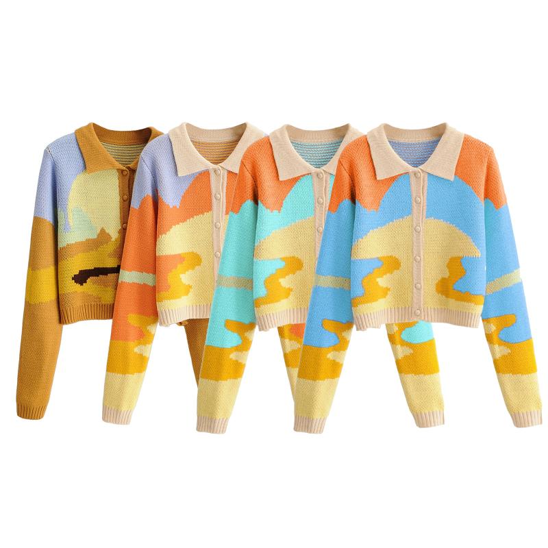 

Women's Knits & Tees Ladies Button Down Sweater Tops Women Cardigan Casual Long Sleeve Color Block Knitted Lapel T-Shirts For Spring Fall, White