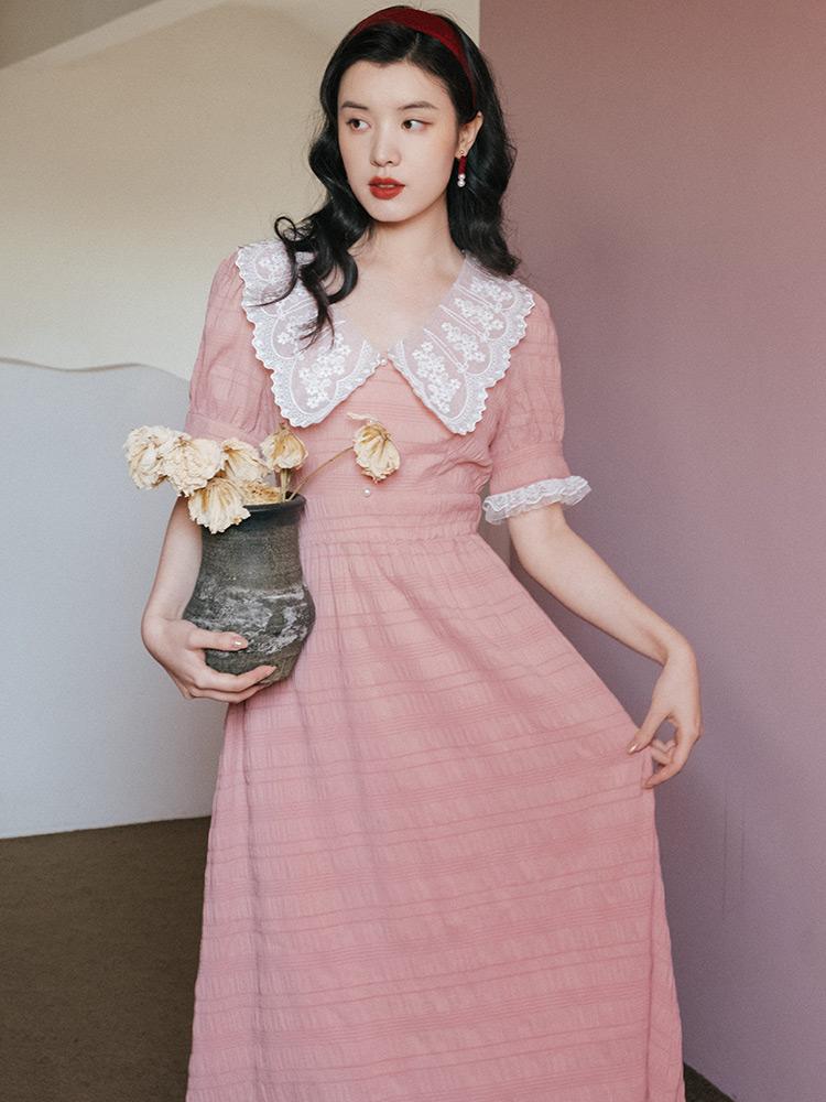 

Casual Dresses Embroidery Collar Gentle Tie Waist Retro Dress First Love SkirtCasual, Pink