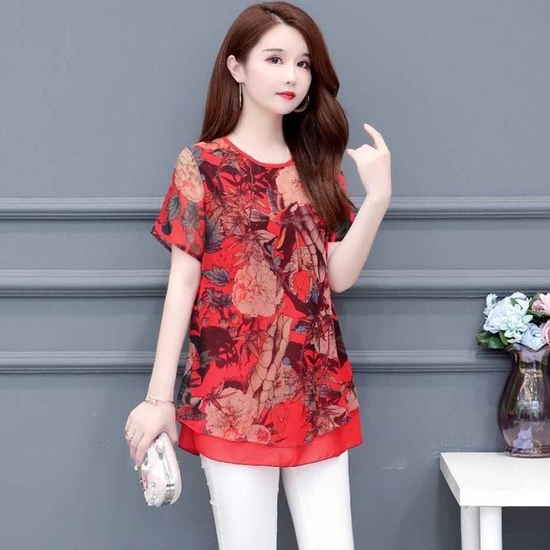 

Women's Blouses & Shirts Women Spring Summer Loose Style Chiffon Lady Casual Short Sleeve Flower Printed O-Neck Blusas Tops DF2849, Black