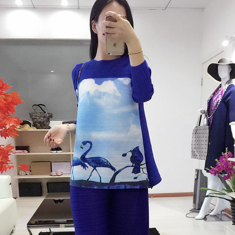 

Women's T-Shirt Fashion Printed Pleat Blouse 2022 Spring And Summer Temperament Loose Large Size Thin Wild O Neck Long Sleeve T Shirt Female, Blue