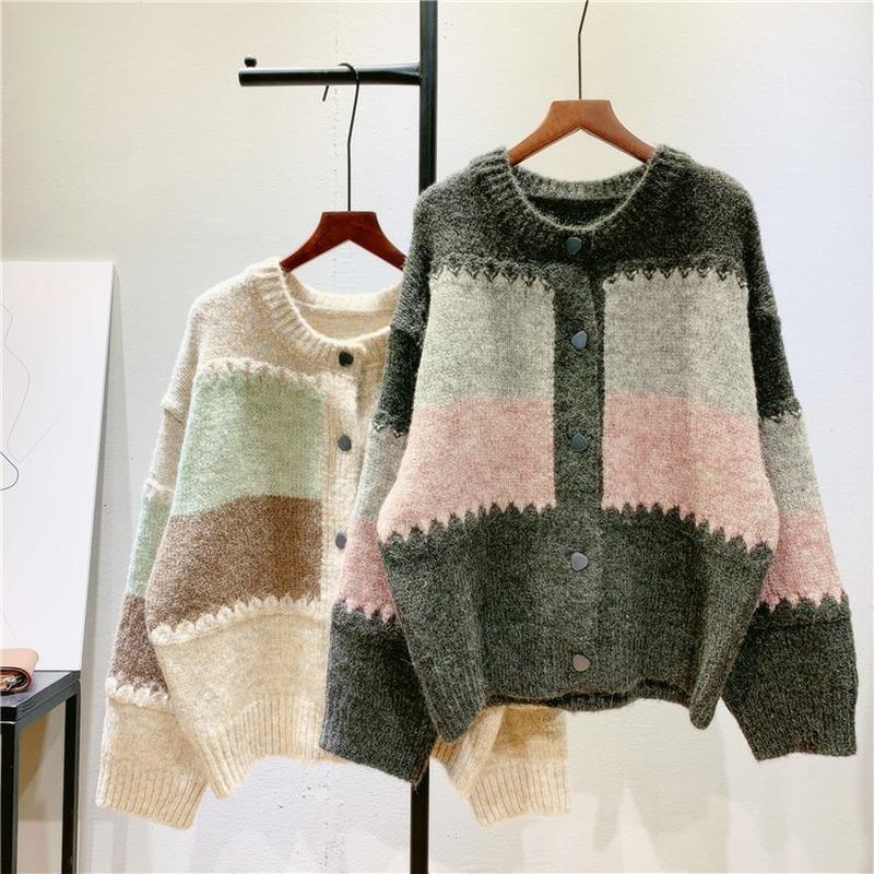 

Women's Knits & Tees Vintage Cardigan Sweater Women Color Block Soft Coat Korean Fashion O Neck Spring Autumn Knitwear, Dark grey