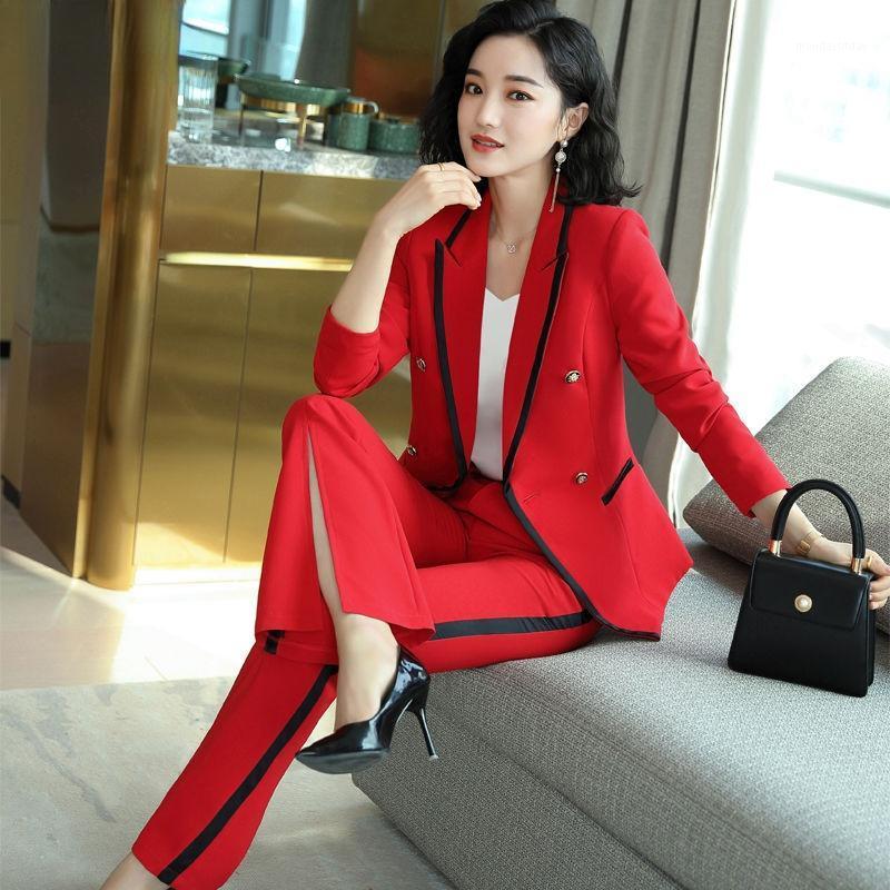 

Women' Two Piece Pants 2022 Spring Autumn Women Casual Office Two-piece Set Lady Button Blazer High Waist Long Flare Suits Female Solid N25, White