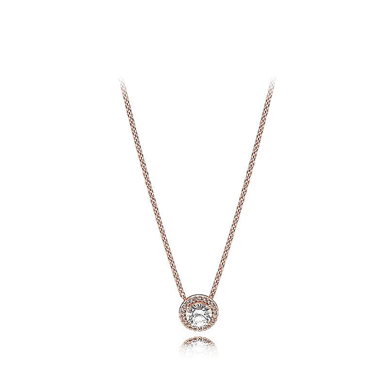 

New 18K Bright Pink Pendant Necklace Rose Gold Shiny CZ Zircon Bead Chain For Pandora Style Jewelry Fashion Girls Set Gift