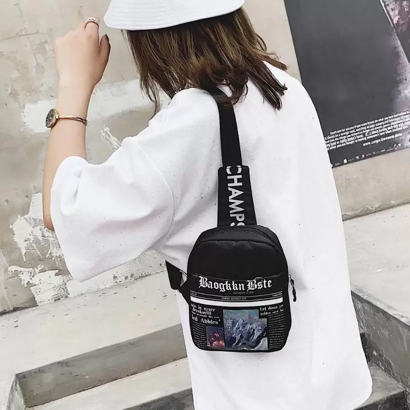 

Fashion Newspaper Print Design Women Fanny Bag Nylon Casual Chest Pack Crossbody Bag Zipper Phone Purse Messenger Shoulder Bag, Sky blue