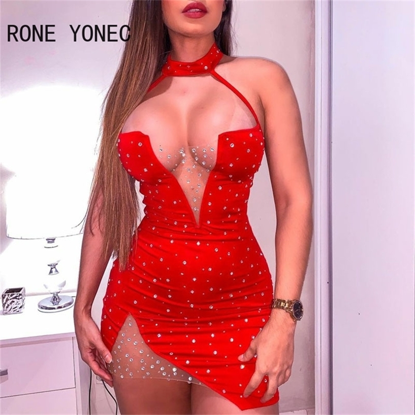

Women Sexy Patchwork Halter Backless Deep V neck Mesh Bodycon Mini Red Dresses 220418
