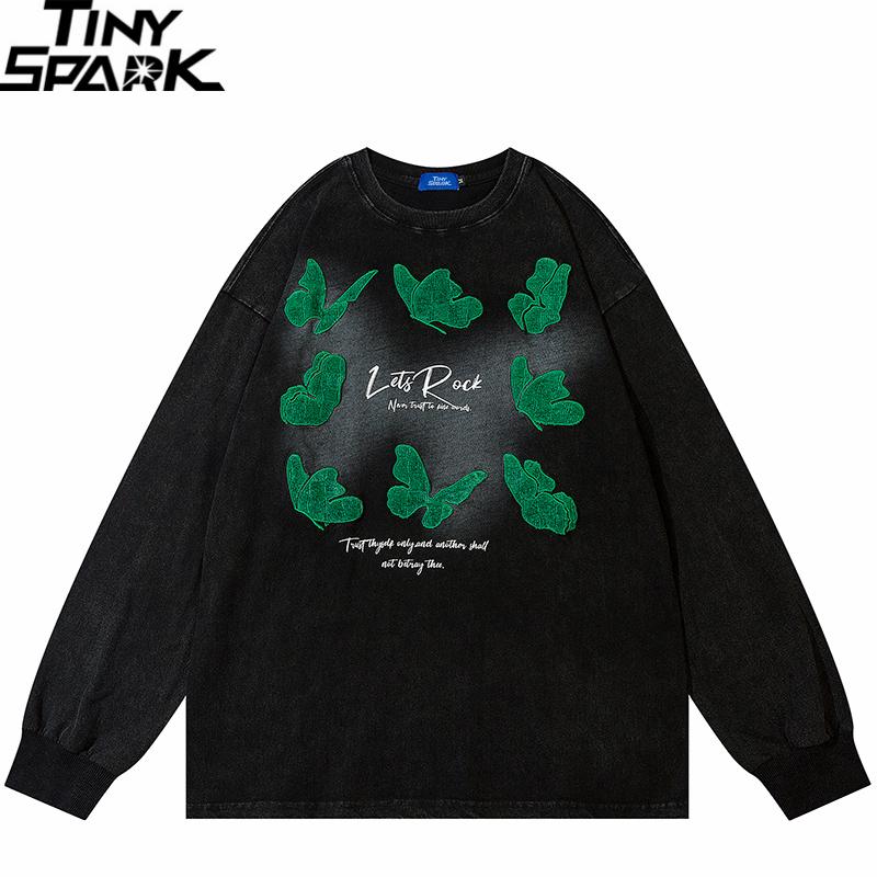 

Men's T-Shirts Hip Hop Washed Black T Shirt Oversized Green Butterfly Embroidery Streetwear Harajuku T-Shirt 2022 Men Long Sleeve Cotton Tsh, A90rk9706