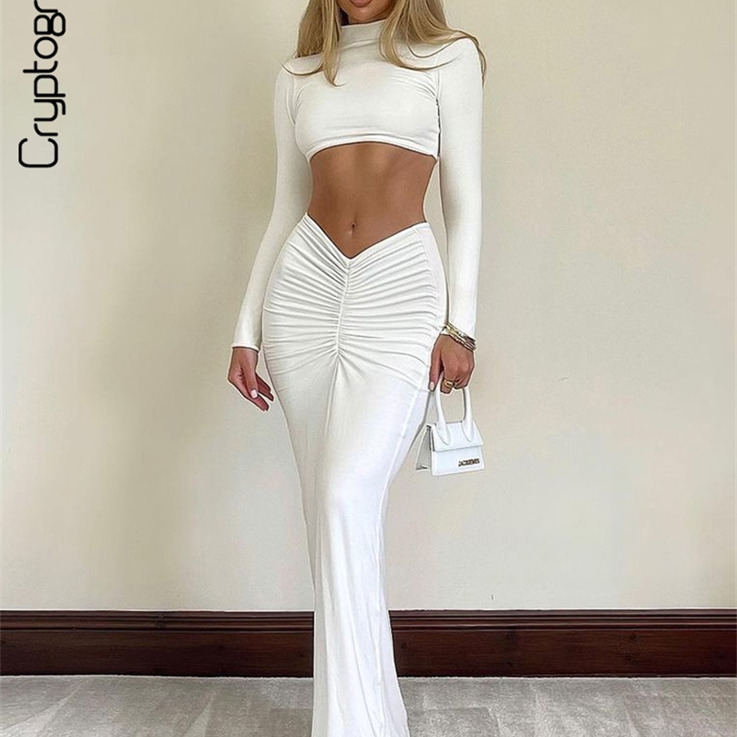 Cryptographique élégant manches blanches 2 pièces ensemble tenues pour femmes Club haut de soirée et robe longue ruché ensembles assortis 220707