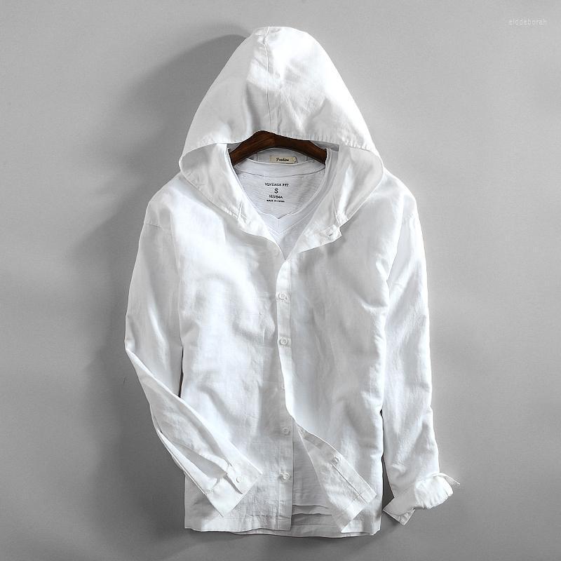 

Men's Casual Shirts Spring Hooded Men's Shirt Summer Cotton Linen Men Vintage Clothes Korean Long Sleeve Camisas Para Hombre 2022 KJMen', White