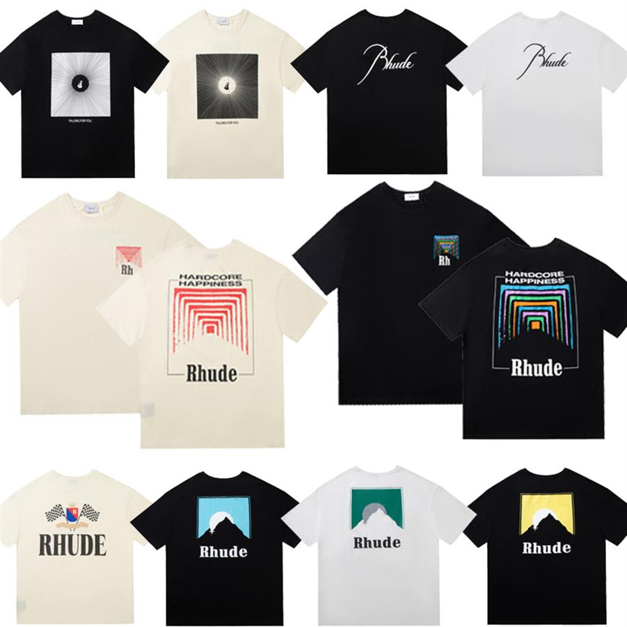 

22 SS INS High Street Tide Brand RHUDE Men's T-Shirts Letter Printed Tops Round Neck Tee Loose Casual Cotton Short-sleeved T-227f, Tunnel apricot green