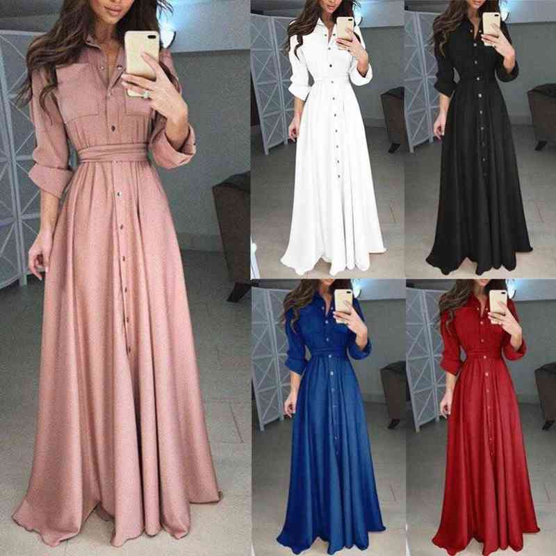 

2021 Autumn Women Dress Sexy Single-Breasted Long Sleeve Maxi Dress Women Plus Size 5XL Turn-down Collar Long Dress Vestidos Y220401, Black