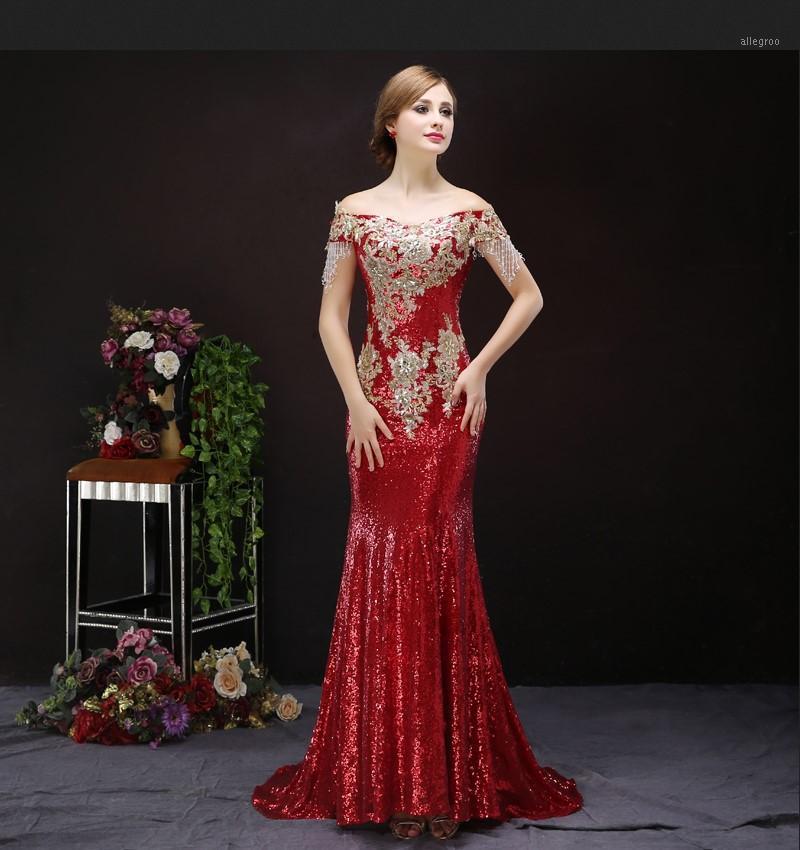 Party Dresses Boat Neck Wine Red Sequined Prom Long Evening Abiti Da Sera De Festa Longo Robe Soiree Vestido TK1480